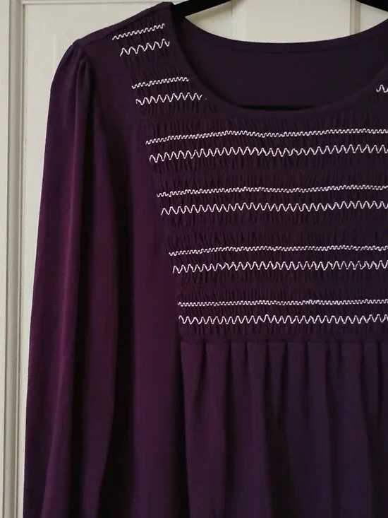 Dark Purple Long Puff Sleeve Smocked Tunic top - Picture 3 of 5